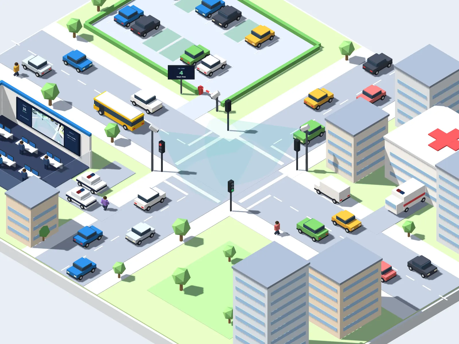 A city district with AI cameras at a junction, a police headquarters, a hospital and a smart car park